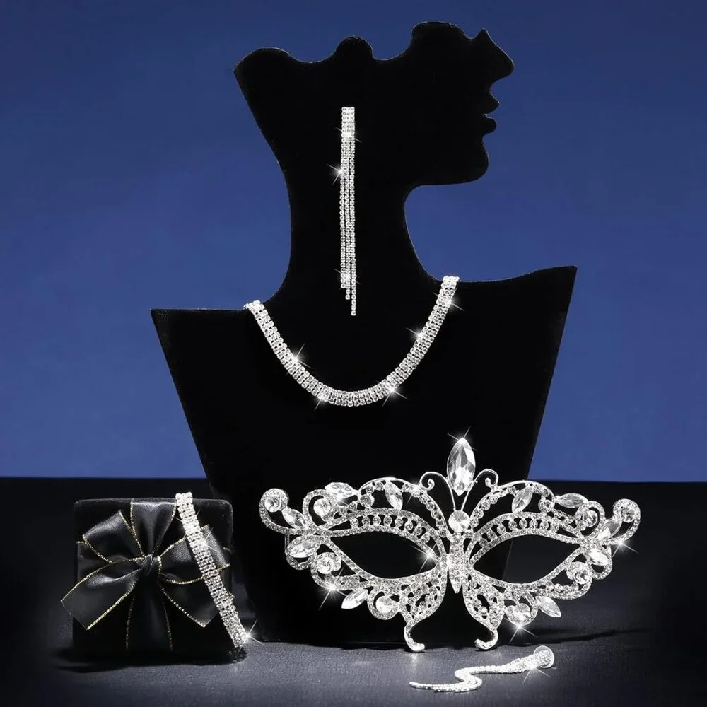 Elegant Silver Rhinestone Masquerade Jewelry Set for Women